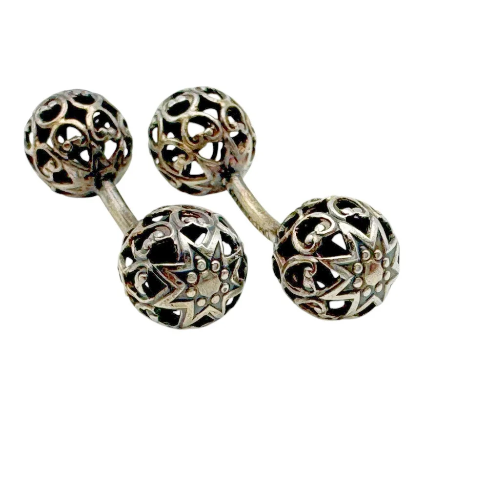 Vintage Art Deco Sterling Silver Filigree Sphere Cufflinks Dumbbell Bar Link